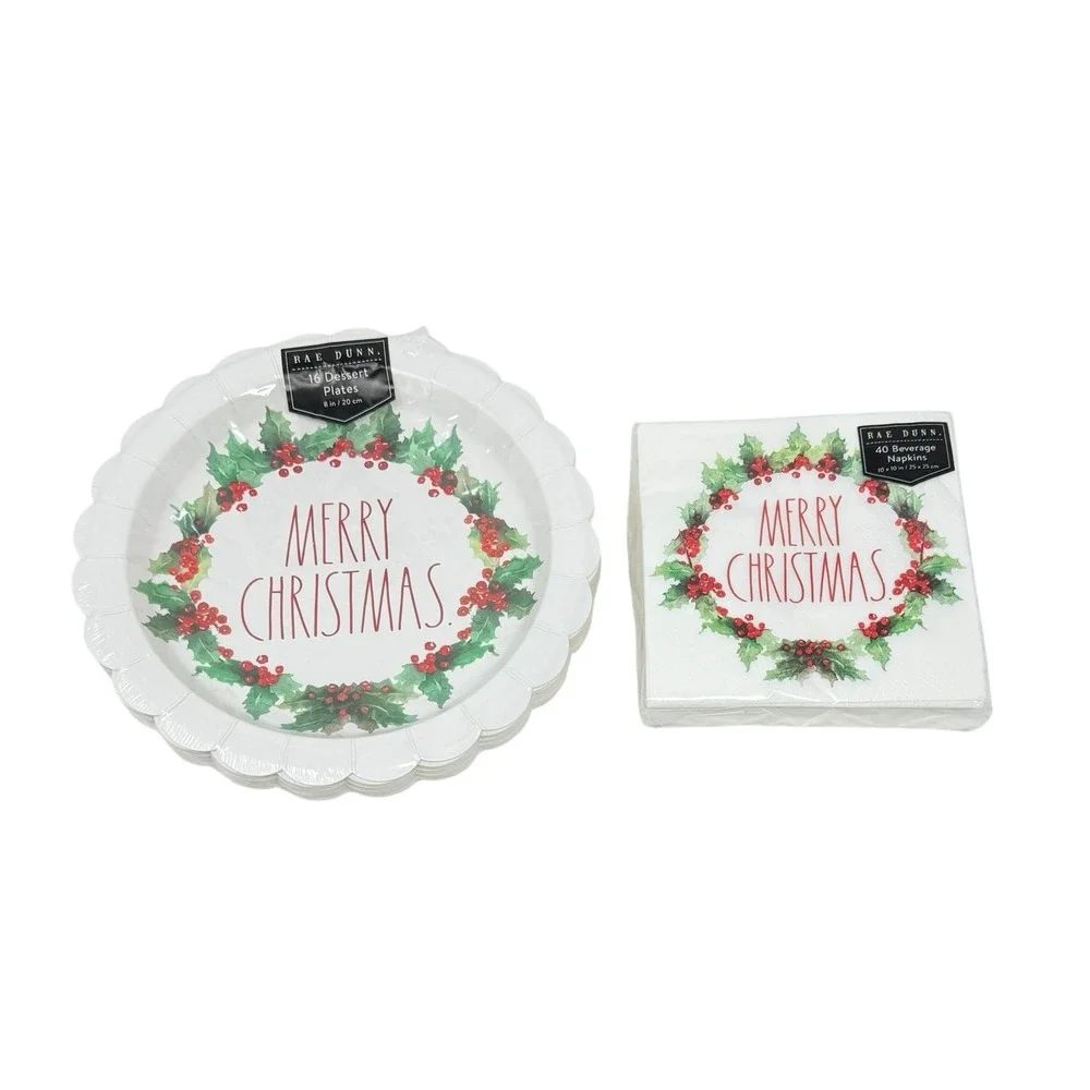 Rae Dunn Merry Christmas Wreath Design Party Ware Paper‎ Plates And Napkins New